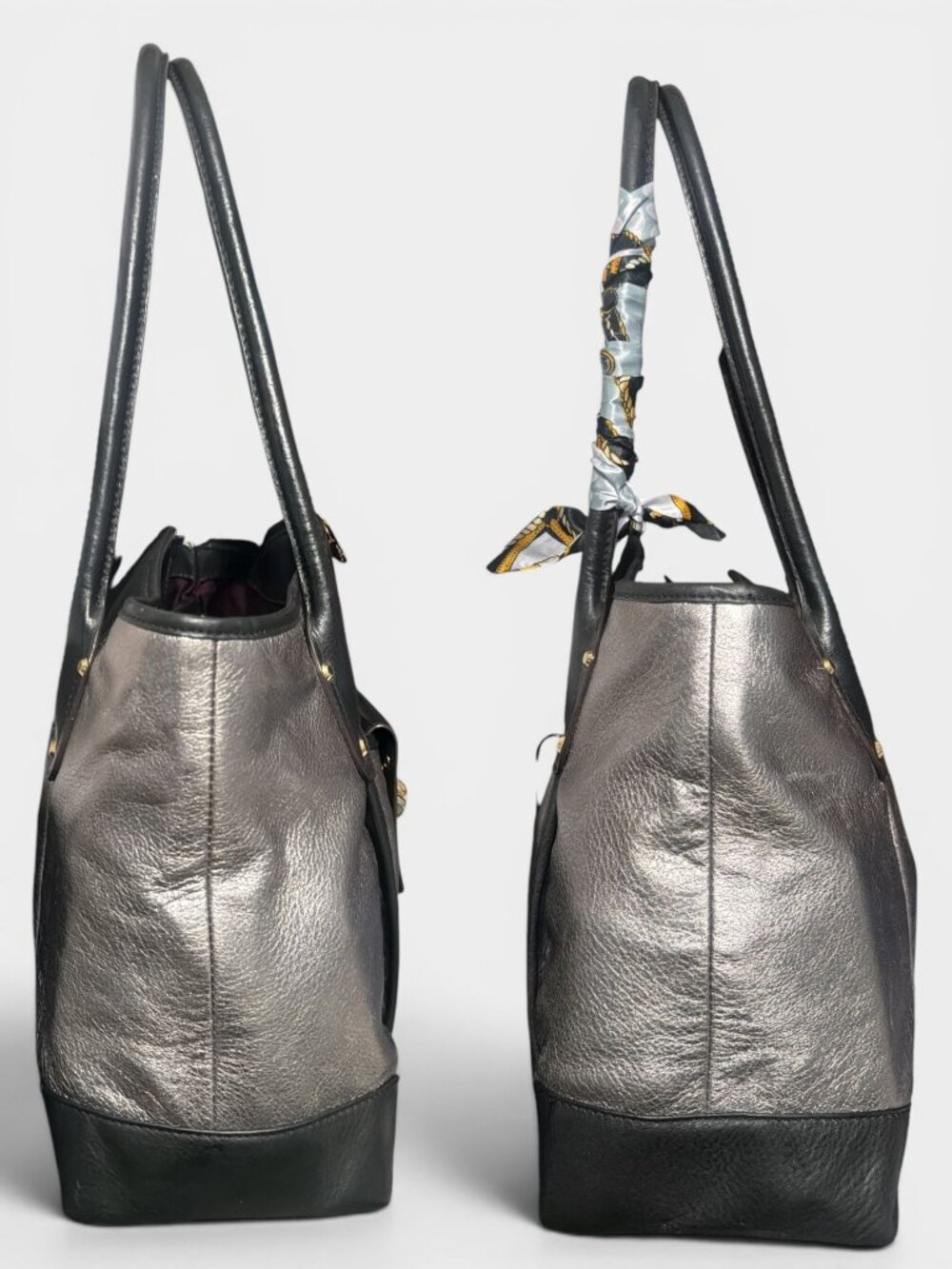 B Makowsky Nolita Turnlock Satchel Silver Black Colorblock Leather Shoulder Bag - Picture 5 of 8